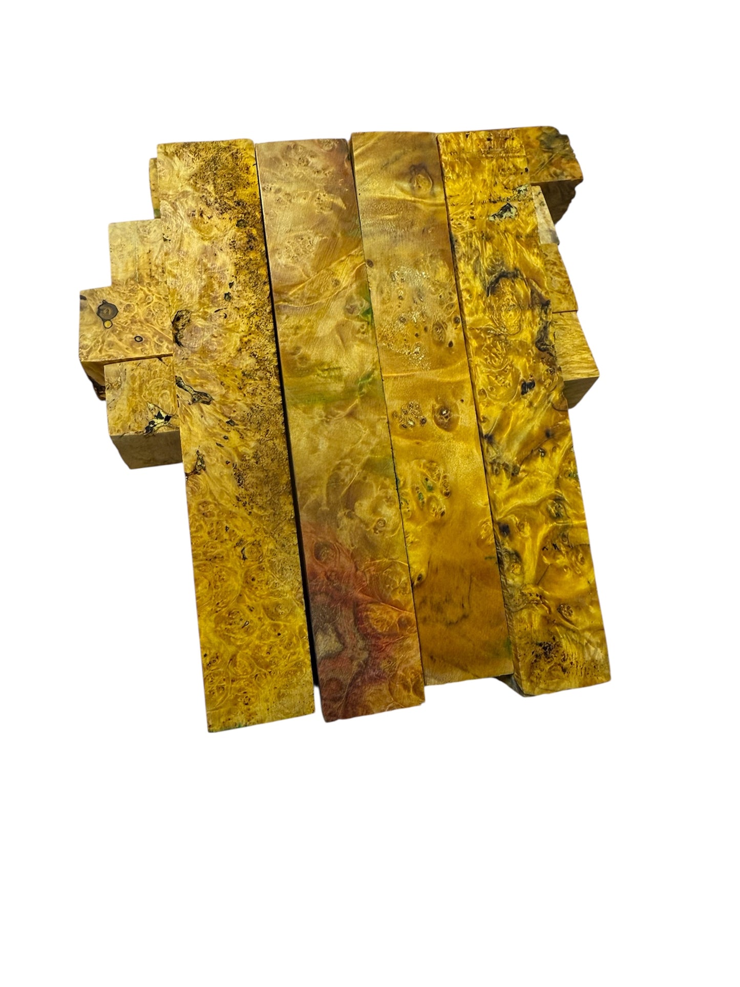 Gold dye stabilized boxelder burl